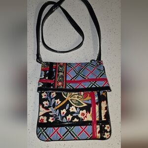 Patterned Crossbody Bag with Floral and Geometric Panels - Black Multi